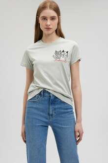 Mavi Kedi Baskılı Grafif Sis Yeşil Kadın Tişört 1612203-70148 - Mavi (1)