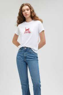 Mavi Kedi Baskılı Grafik Beyaz Kadın Tişört 1612202-620 - Mavi (1)