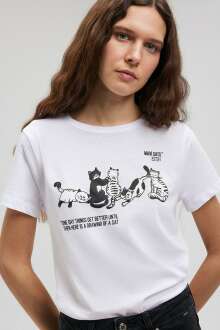 Mavi Kedi Baskılı Grafik Beyaz Kadın Tişört 1612208-620 - Mavi (1)