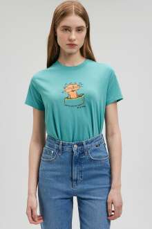 Mavi Kedi Baskılı Grafik Kadın Tişört 1612204-71823 - Mavi (1)