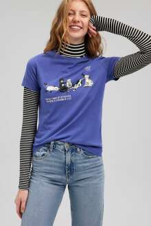 Mavi Kedi Baskılı Grafik Kadın Tişört 1612208-70908 - Mavi (1)