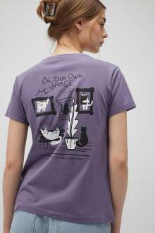 Mavi Kedi Baskılı Kadın Tişört 1612636-70608 - Mavi (1)