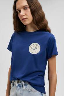 Mavi Kedi Baskılı Koyu Saks Mavi Kadın Tişört 1612404-70722 - Mavi (1)