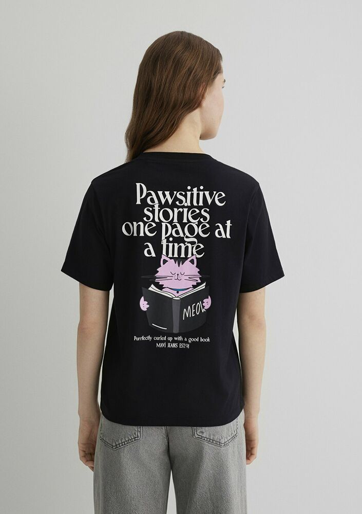 Mavi Kedi Baskılı Siyah Kadın Tişört 1613176-900 - 5