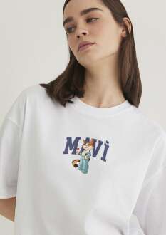 Mavi Kedi Logo Baskılı Beyaz Kadın Tişört 1613284-620 - 2