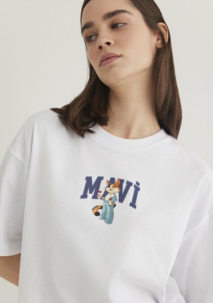 Mavi Kedi Logo Baskılı Beyaz Kadın Tişört 1613284-620 - 2