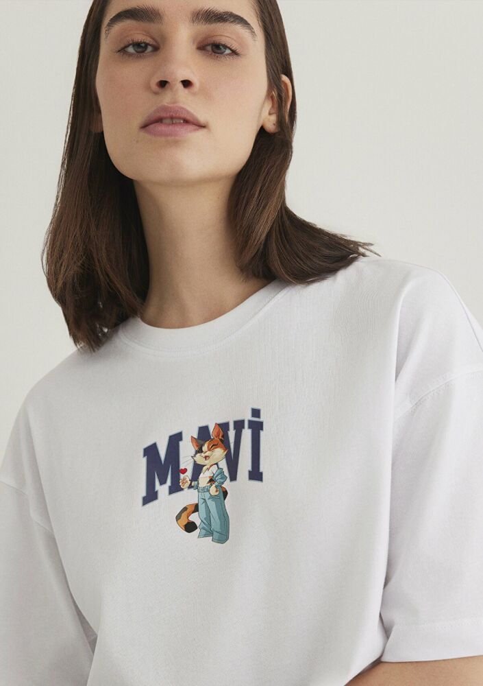 Mavi Kedi Logo Baskılı Beyaz Kadın Tişört 1613284-620 - 3