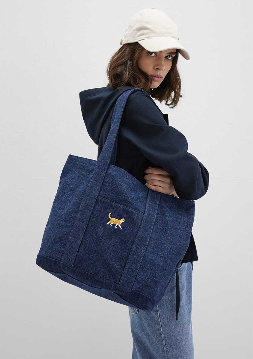 Mavi Kedi Nakışlı Denim Kadın Omuz Çantası 1913283-10241