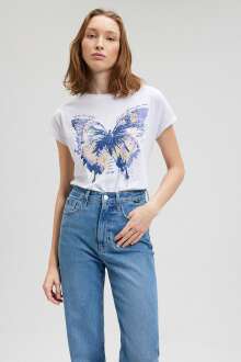 Mavi Kelebek Baskılı Beyaz Kadın Tişört 1612444-620 - Mavi (1)