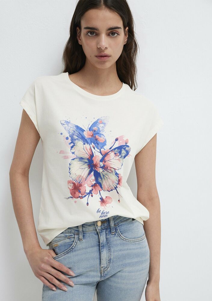Mavi Kelebek Baskılı Ekru Regular Fit Kadın Tişört 1613718-80194