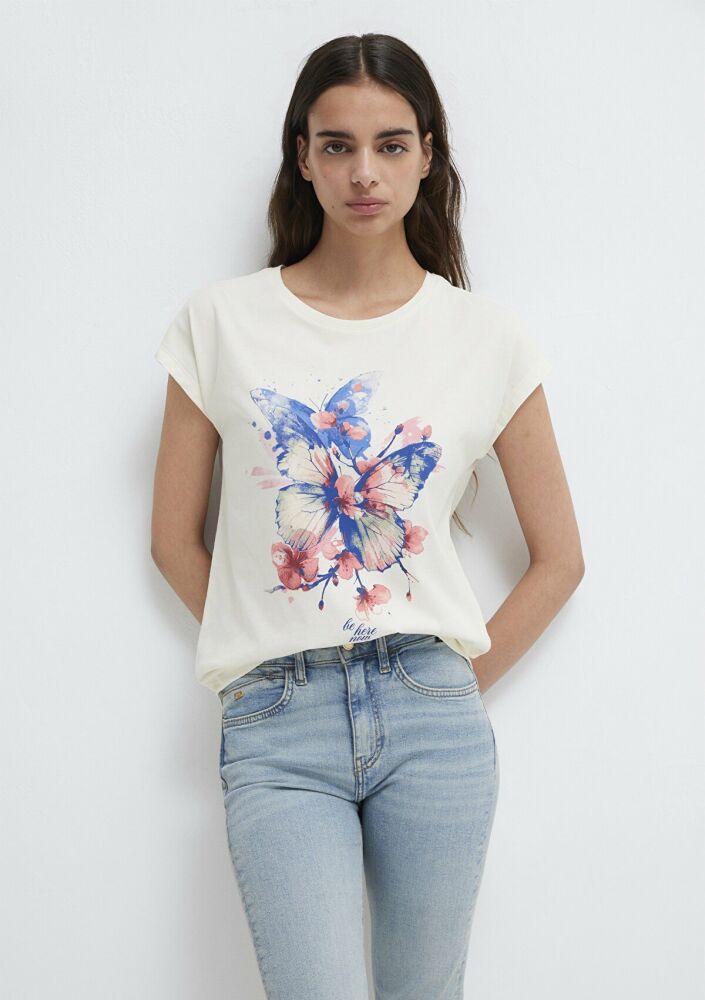 Mavi Kelebek Baskılı Ekru Regular Fit Kadın Tişört 1613718-80194 (1)