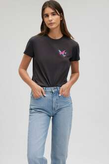 Mavi Kelebek Baskılı Kömür Kadın Tişört 1612391-70087 - Mavi (1)