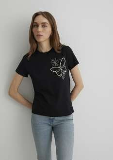 Mavi Kelebek Baskılı Siyah Kadın Tişört 1613187-900 - Mavi (1)
