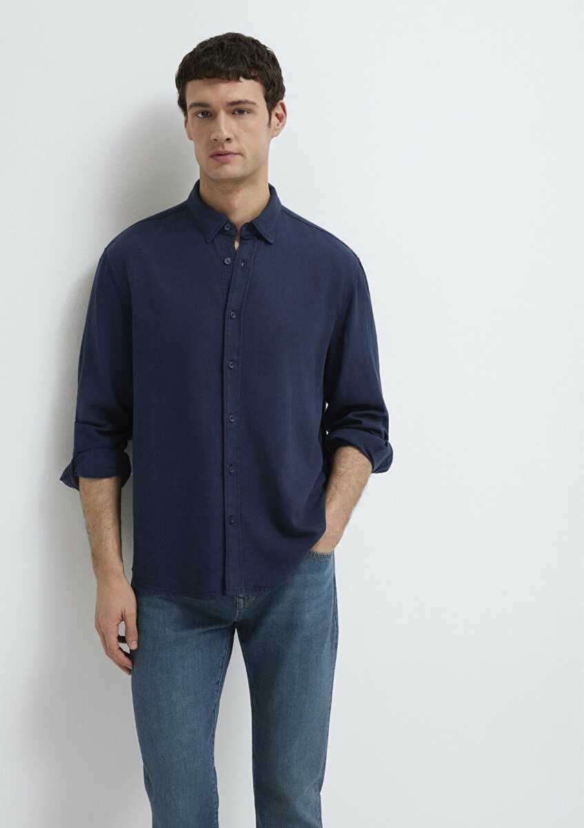Mavi Keten Karışımlı Lacivert Tencel TM Liyosel Regular Fit Erkek Gömlek 0211482-70490
