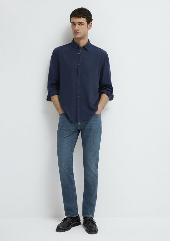 Mavi Keten Karışımlı Lacivert Tencel TM Liyosel Regular Fit Erkek Gömlek 0211482-70490 (1)
