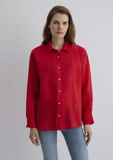 Mavi Kırmızı Loose Fit Bol Rahat Kesim Kadın Keten Gömlek 1210747-80791 - 3