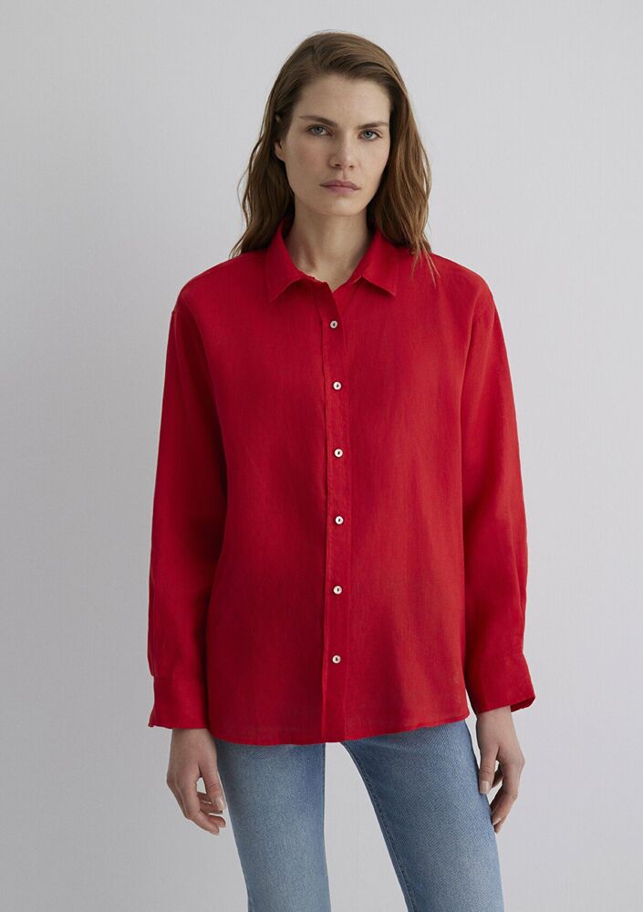 Mavi Kırmızı Loose Fit Bol Rahat Kesim Kadın Keten Gömlek 1210747-80791 - 3
