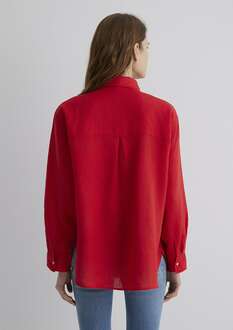 Mavi Kırmızı Loose Fit Bol Rahat Kesim Kadın Keten Gömlek 1210747-80791 - 4