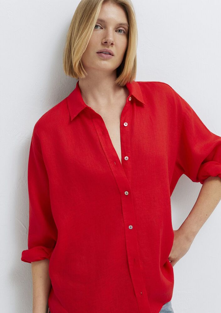 Mavi Kırmızı Loose Fit Kadın Keten Gömlek 1210747-70474