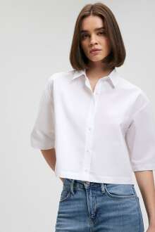 Mavi Kısa Kollu Beyaz Kadın Gömlek 1210729-620 - Mavi (1)