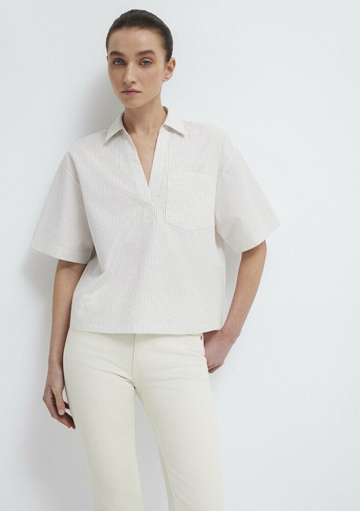 Mavi Kısa Kollu Cepli Ekru Loose Fit Kadın Bluz 1211377-82759