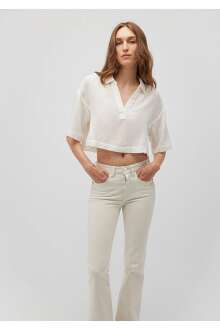 Mavi Kısa Kollu Kırık Beyaz Kadın Gömlek 1210859-70057 - Mavi (1)