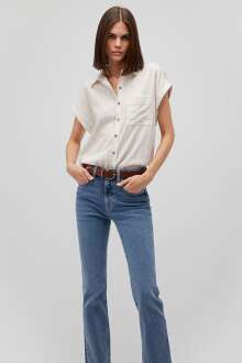 Mavi Kısa Kollu Kırmızı Çizgili Kadın Gömlek 1210834-84494 - Mavi (1)