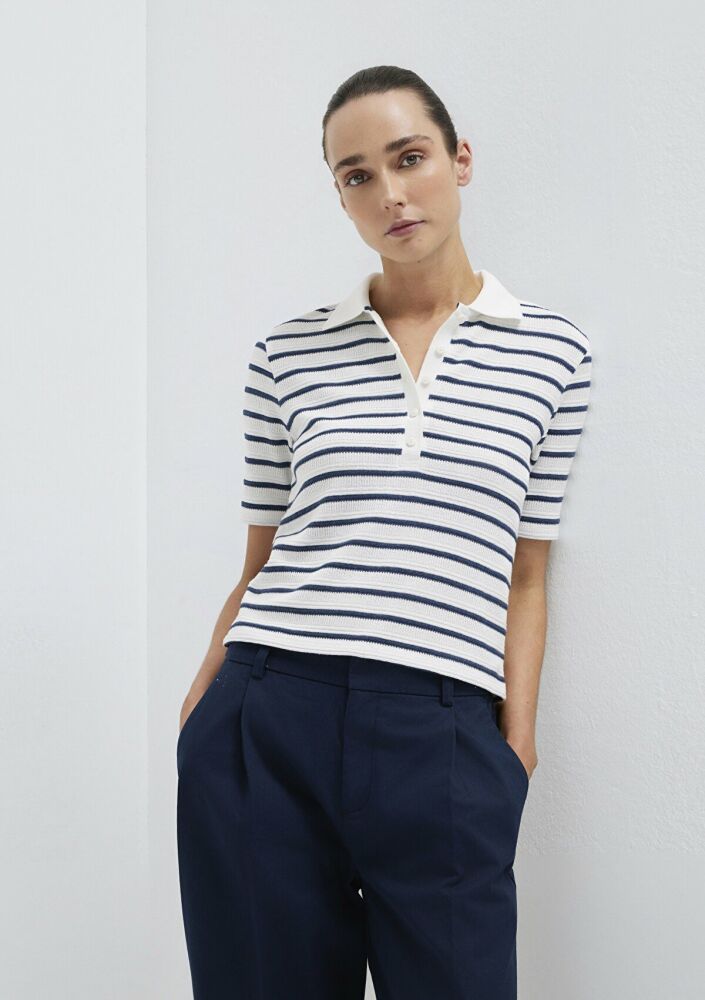 Mavi Lacivert Çizgi Dokulu Beyaz Kadın Polo Tişört 1613787-86625