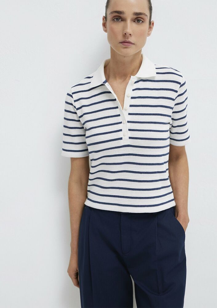 Mavi Lacivert Çizgi Dokulu Beyaz Kadın Polo Tişört 1613787-86625 (1)