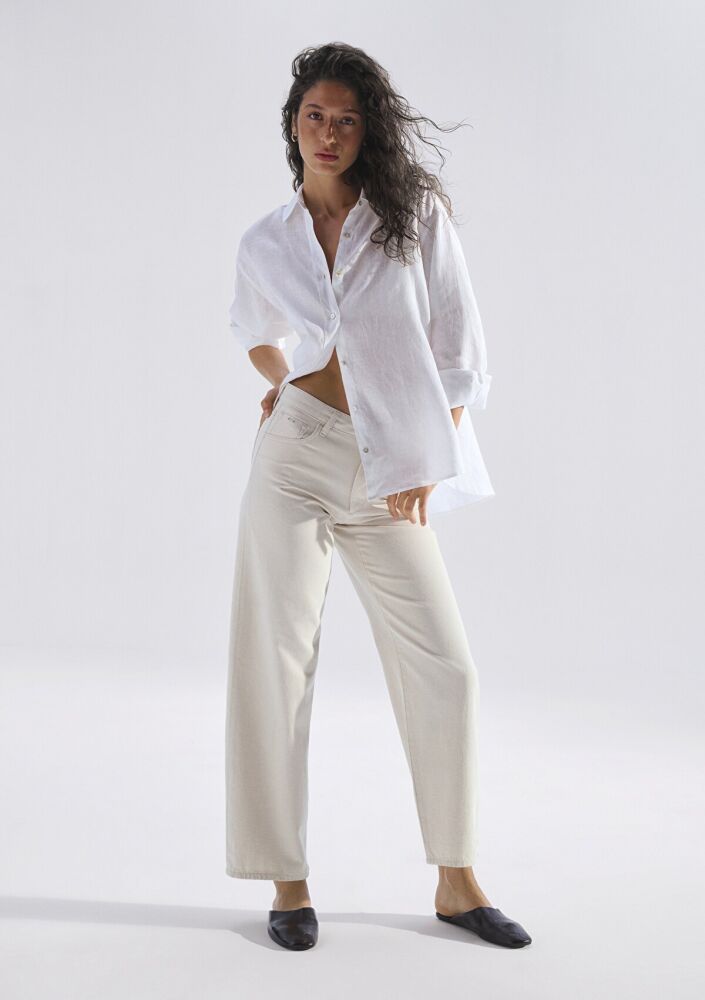 Mavi Leila Mavi Edition Ketenli Ekru Baggy Fit Kadın Jean Pantolon 1010600-A3173