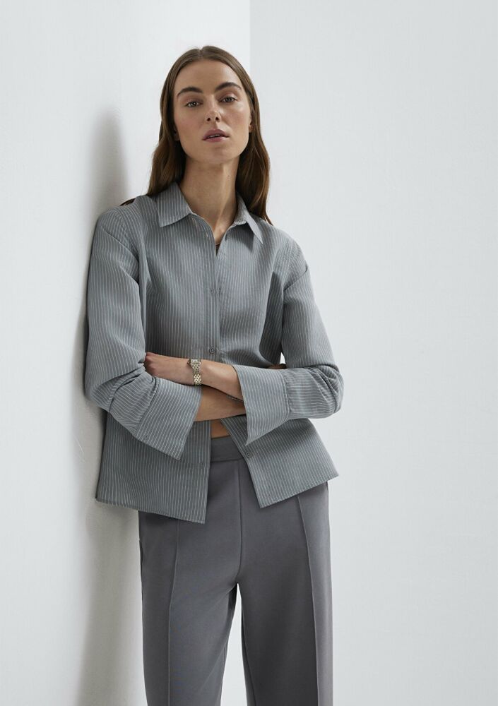 Mavi Liyosel Karışımlı Çizgili Tencel Regular Fit Kadın Gömlek 1211374-88069