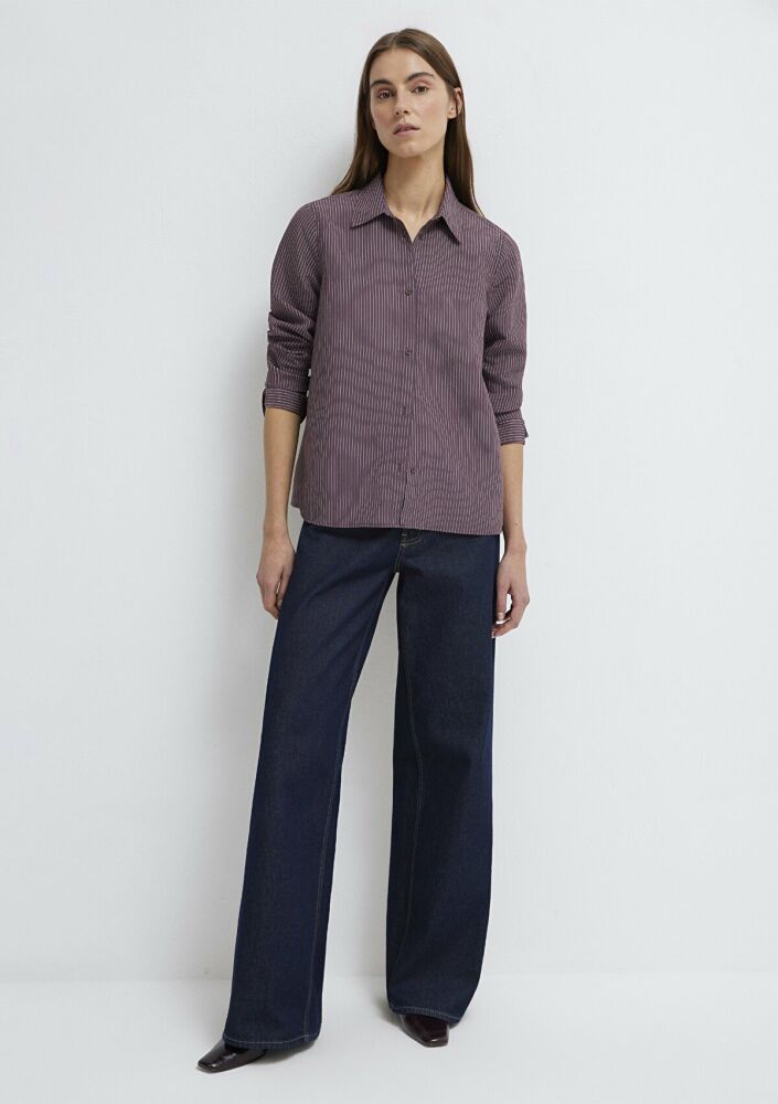 Mavi Liyosel Karışımlı Çizgili Tencel Regular Fit Kadın Gömlek 1211374-91569 (1)
