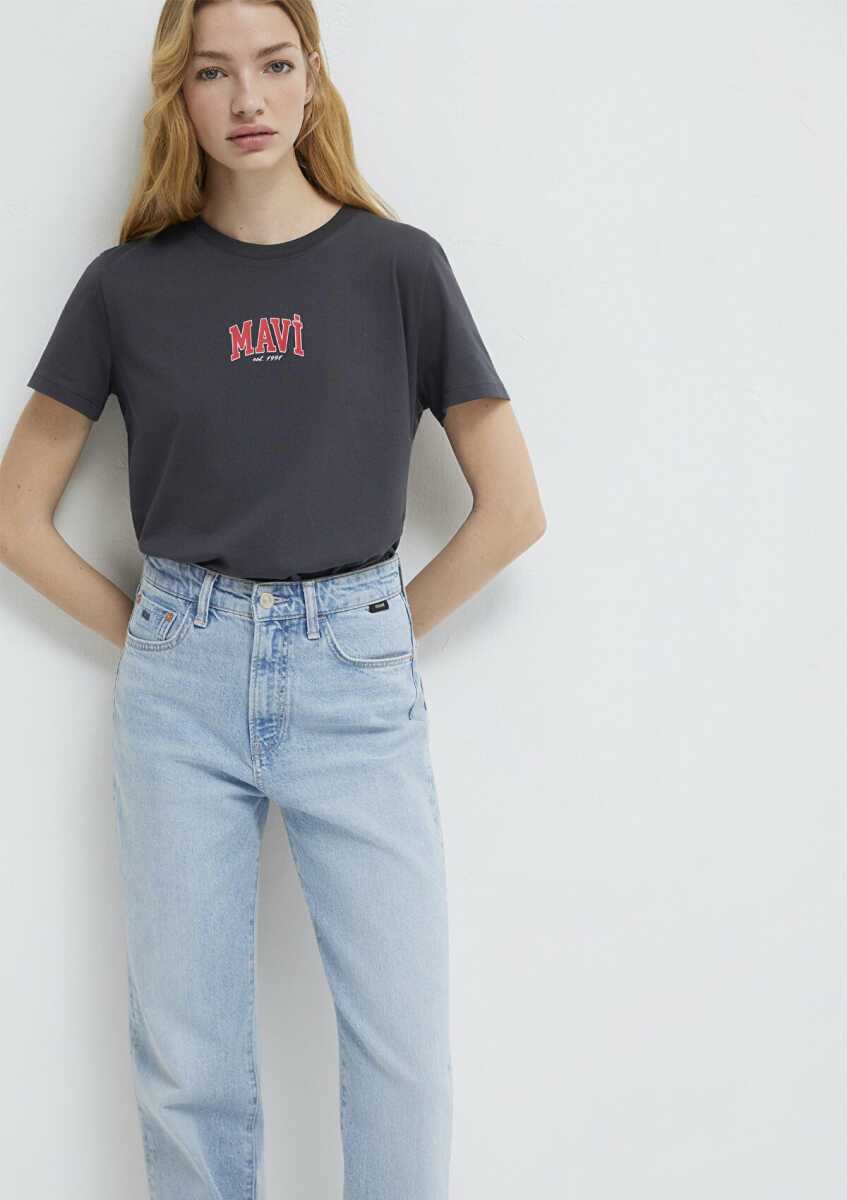 Mavi Logo Baskılı Antrasit Regular Fit Kadın Tişört 1613412-70087