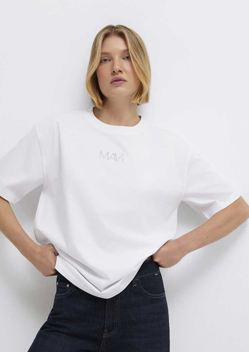 Mavi Logo Baskılı Beyaz Loose Fit Kadın Tişört 1613884-620