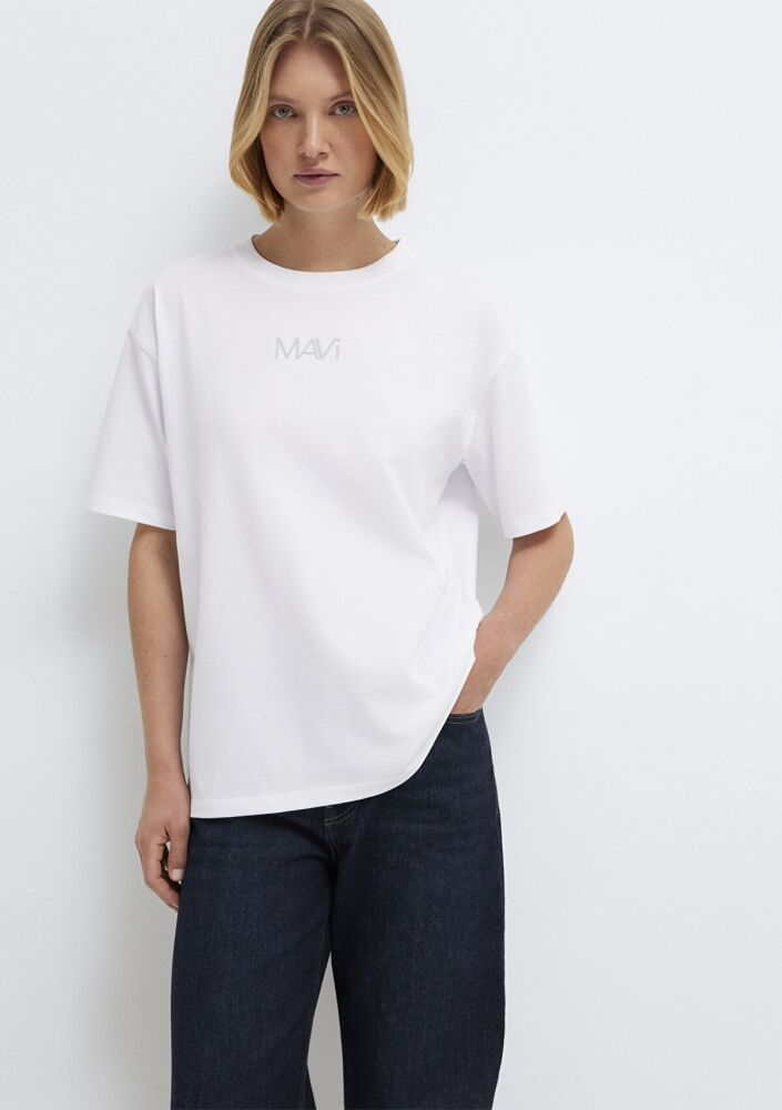 Mavi Logo Baskılı Beyaz Loose Fit Kadın Tişört 1613884-620 (1)