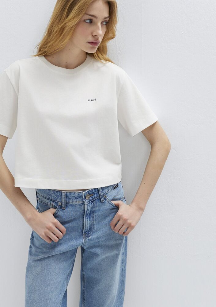 Mavi Logo Baskılı Ekru Crop Kadın Tişört 1613984-70057
