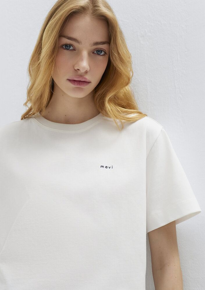 Mavi Logo Baskılı Ekru Crop Kadın Tişört 1613984-70057 (1)
