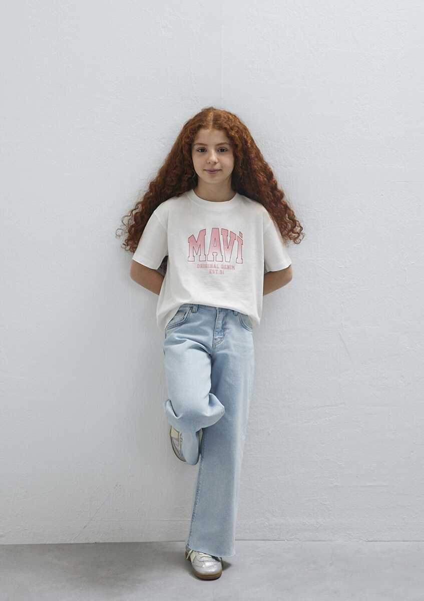 Mavi Logo Baskılı Ekru Loose Fit Çocuk Tişört 7610386-70057
