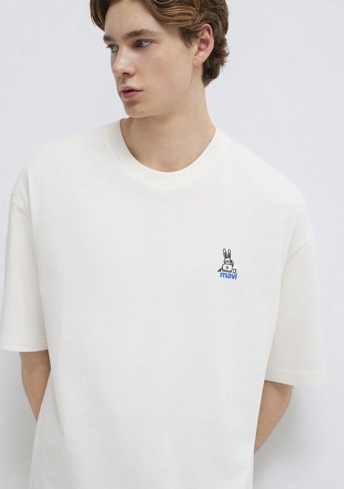 Mavi Logo Baskılı Ekru Oversize Erkek Tişört 0613178-70057
