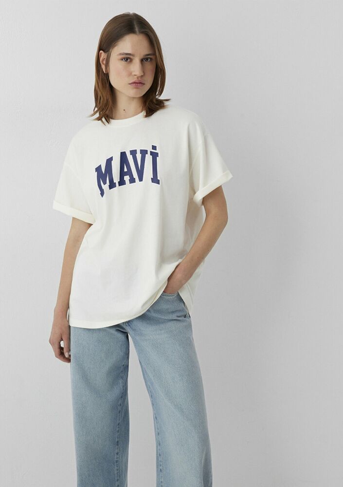 Mavi Logo Baskılı Ekru Oversize Kadın Tişört 1600843-82127