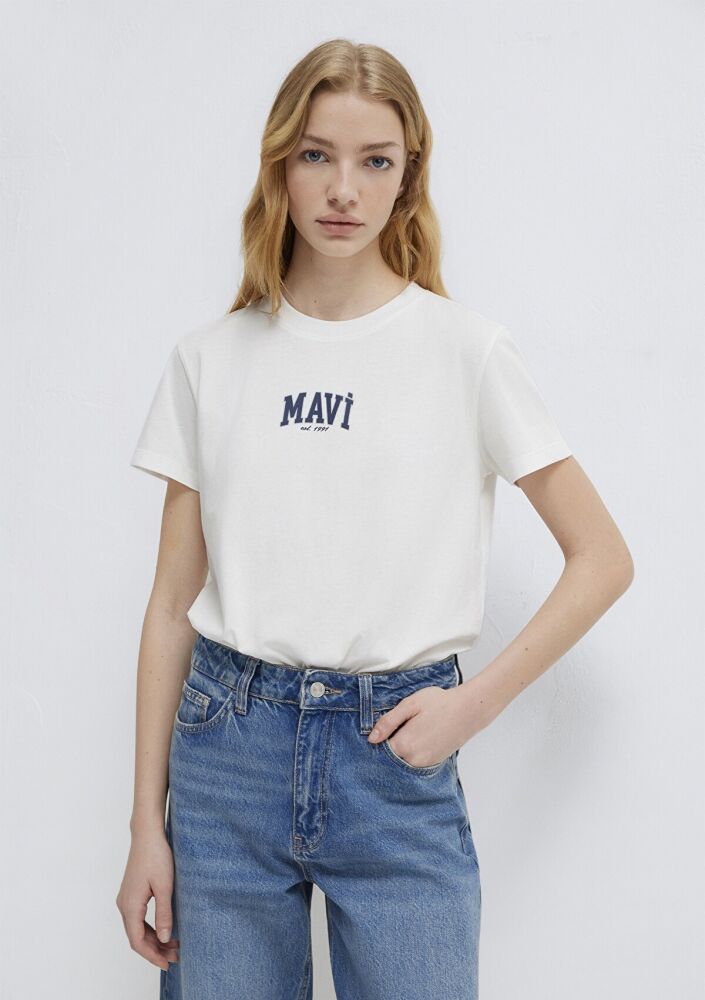 Mavi Logo Baskılı Ekru Regular Fit Kadın Tişört 1613412-70057