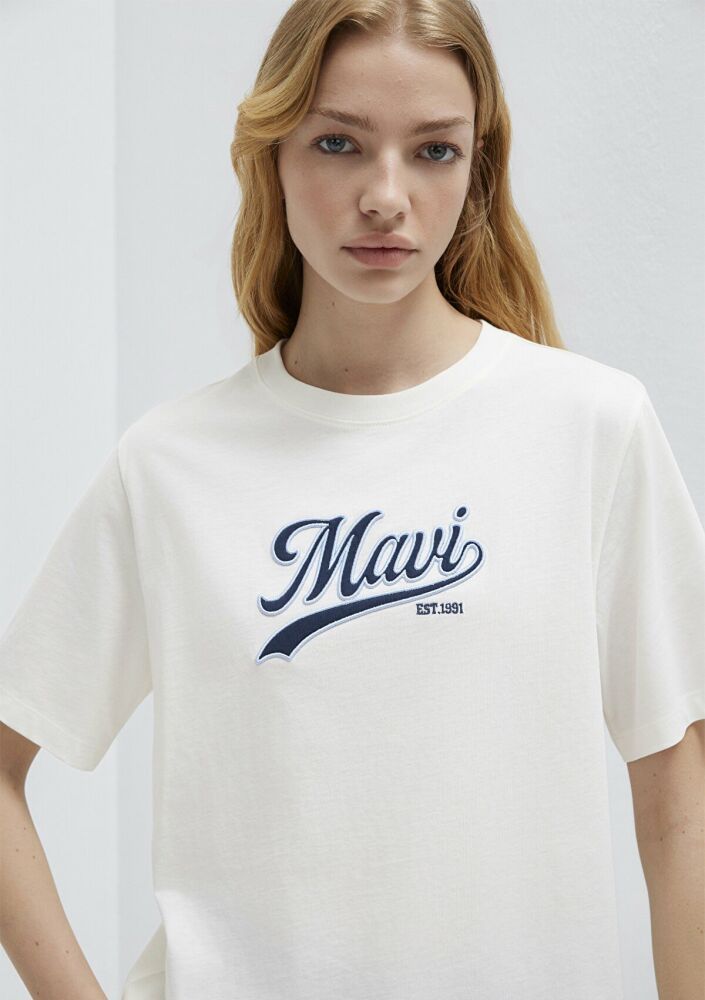 Mavi Logo Baskılı Ekru Regular Fit Kadın Tişört 1613565-80194