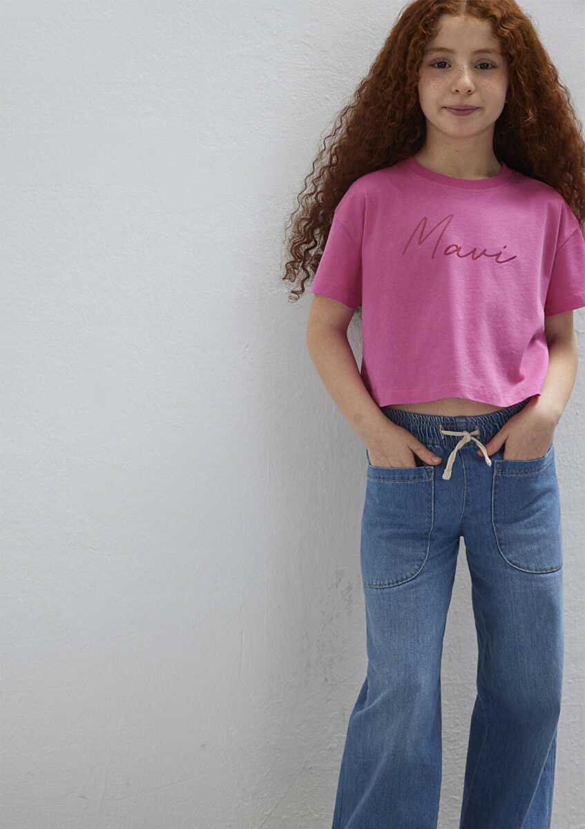 Mavi Logo Baskılı Pembe Crop Loose Fit Çocuk Tişört 7610181-91355
