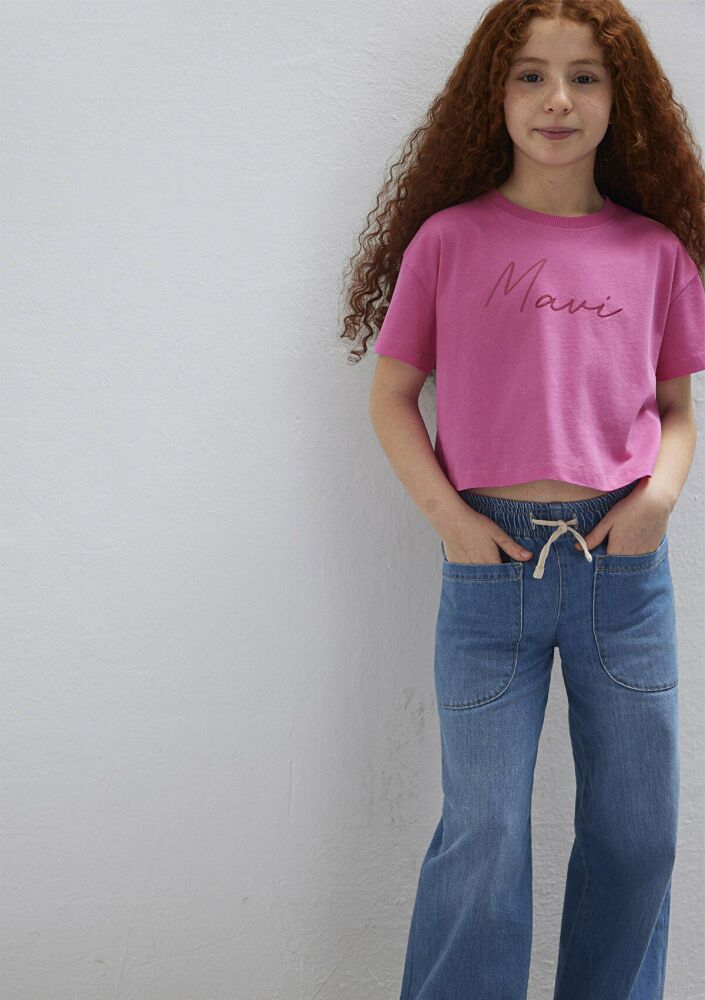 Mavi Logo Baskılı Pembe Crop Loose Fit Çocuk Tişört 7610181-91355