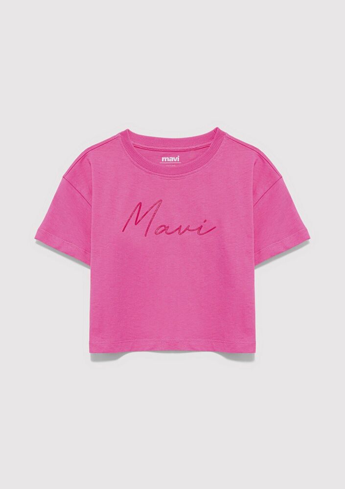 Mavi Logo Baskılı Pembe Crop Loose Fit Çocuk Tişört 7610181-91355 (1)