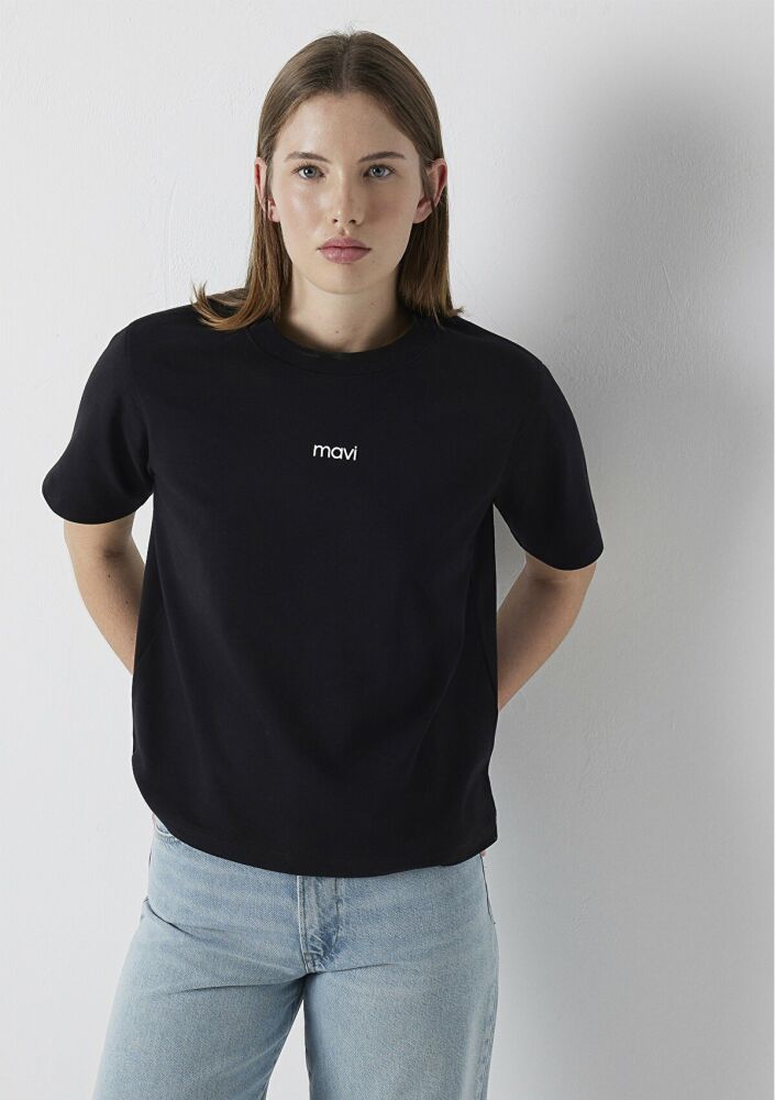 Mavi Logo Baskılı Siyah Regular Fit Kadın Tişört 1612829-900 (1)