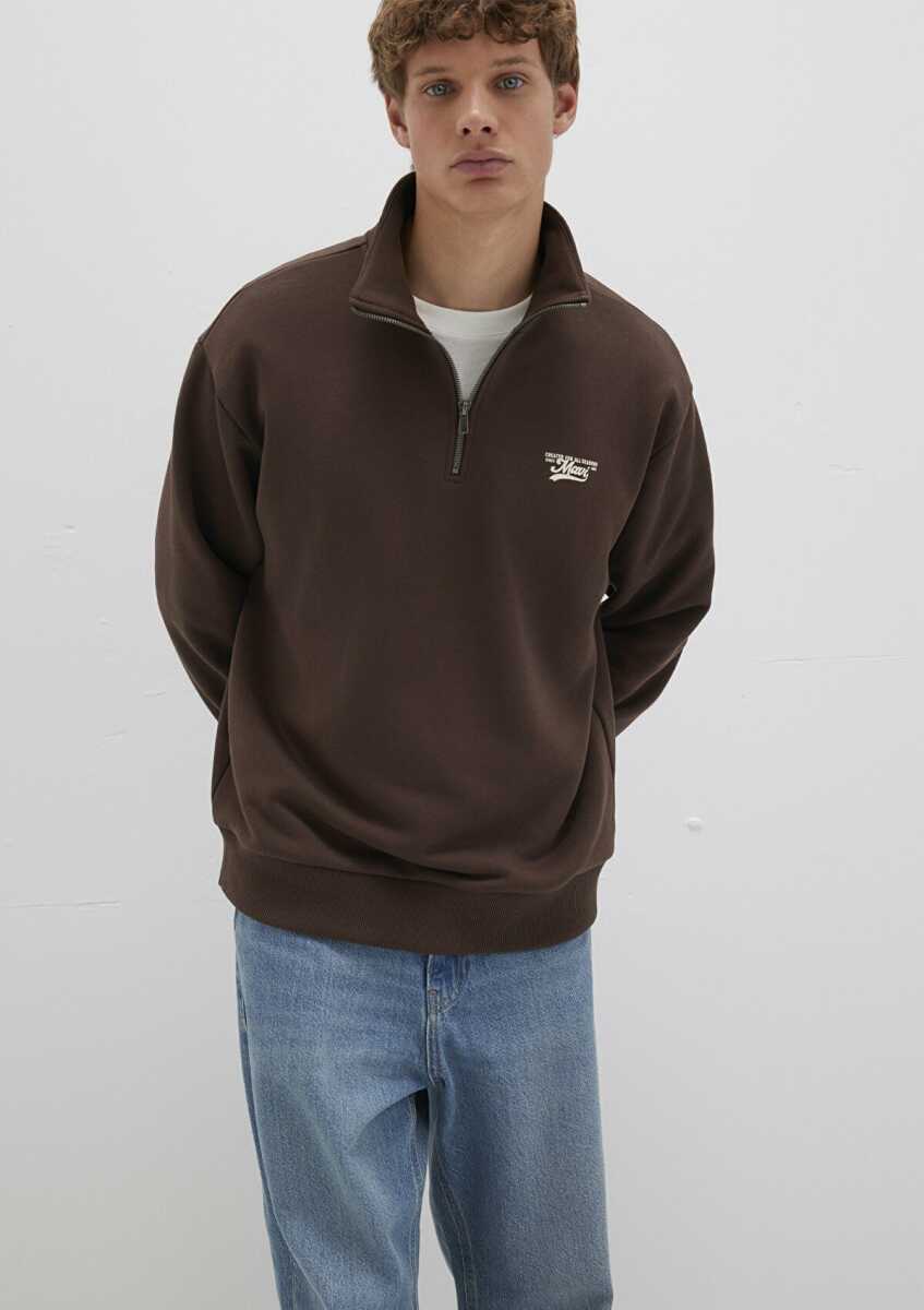 Mavi Logo Baskılı Yarı Fermuarlı Kahverengi Erkek Sweat 0S10465-88067