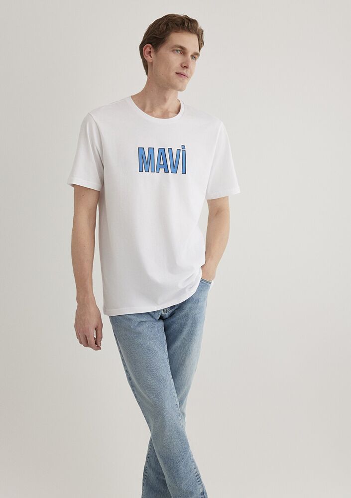 Mavi Logo Beyaz Erkek Tişört 066842-620 - 1