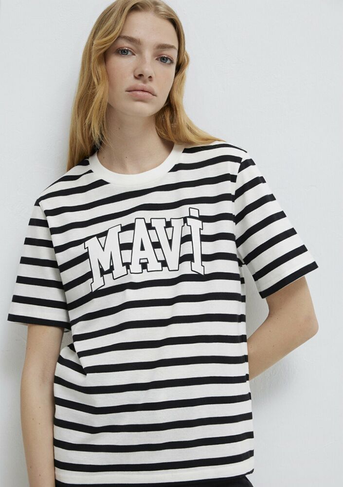 Mavi Logo Siyah Beyaz Çizgili Kadın Tişört 1611360-84041