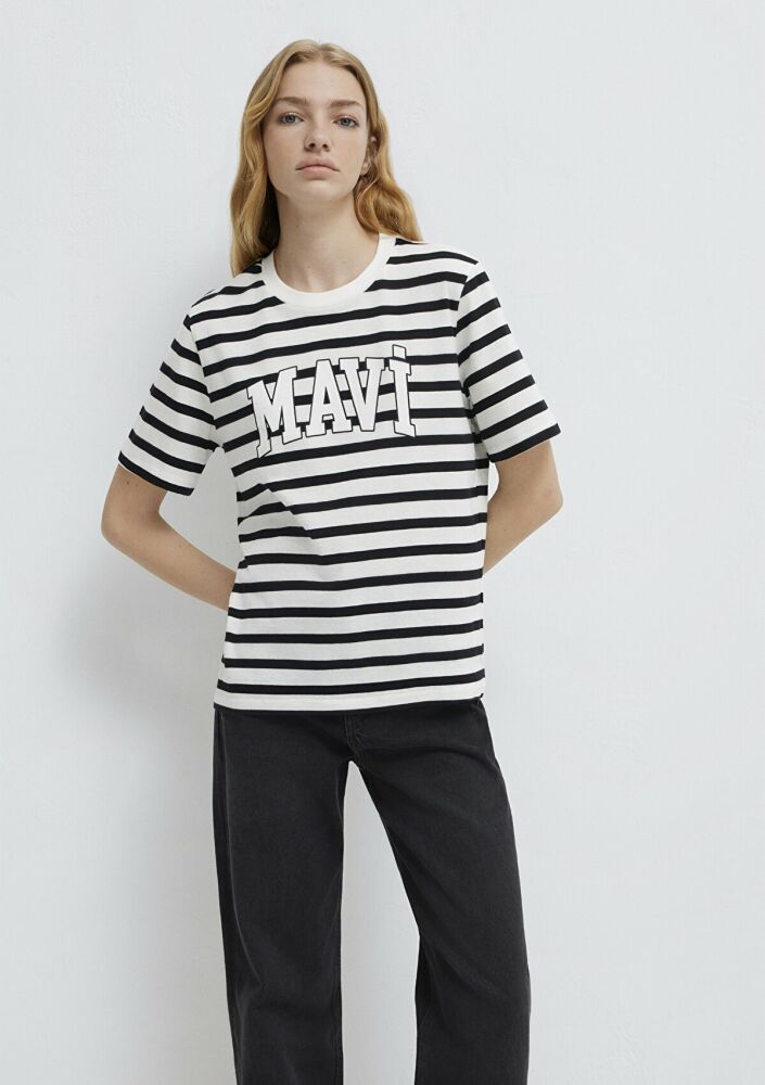 Mavi Logo Siyah Beyaz Çizgili Kadın Tişört 1611360-84041 (1)